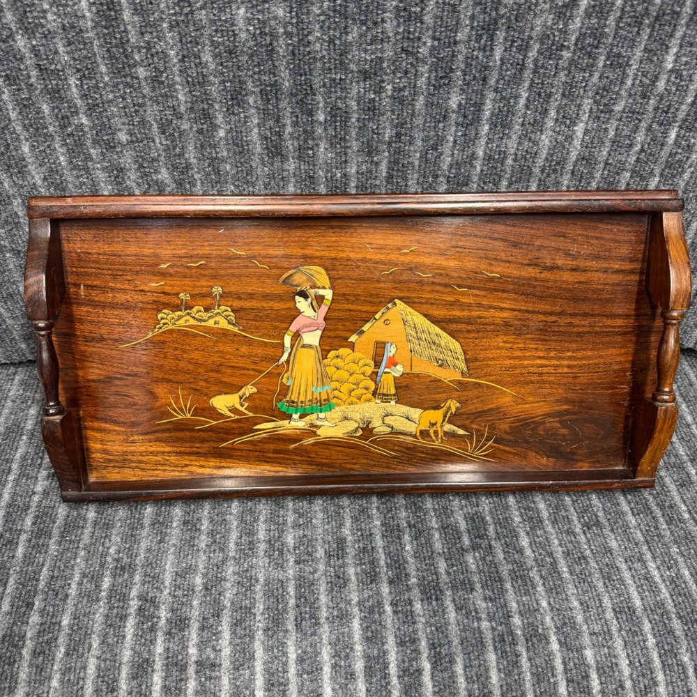 Inlaid‎ Wood Serving Tray Vintage Village Scene Handcrafted